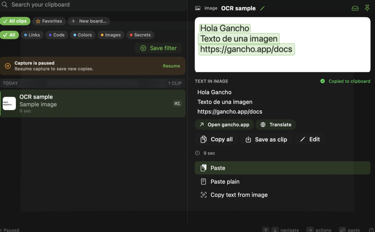 Texto reconocido de una imagen junto a la vista previa del panel / Text recognized from an image beside the panel preview