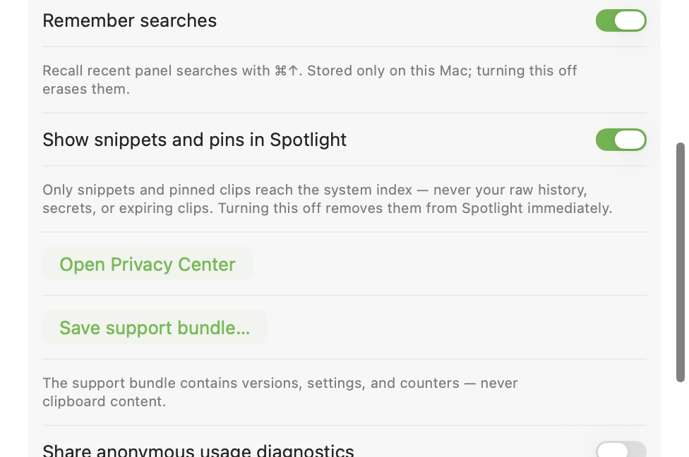 Ajustes de privacidad de Spotlight en Gancho v0.7 / Gancho v0.7 Spotlight privacy settings